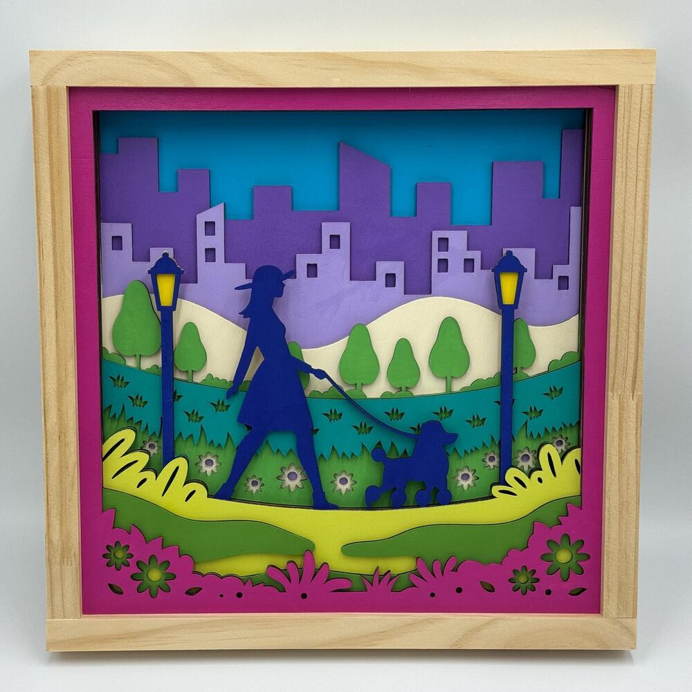 Dog & Girl in City Wood Wall Art - Layered Engraved Design